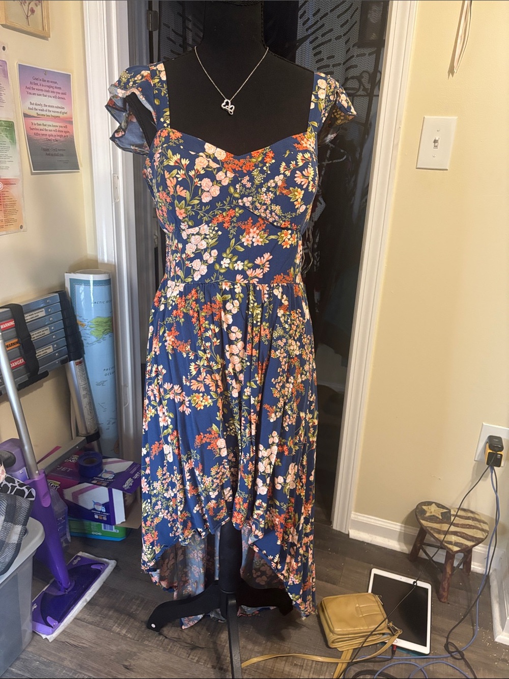 As U Wish Navy Floral Maxi Dress with Ruffled Cap Sleeves